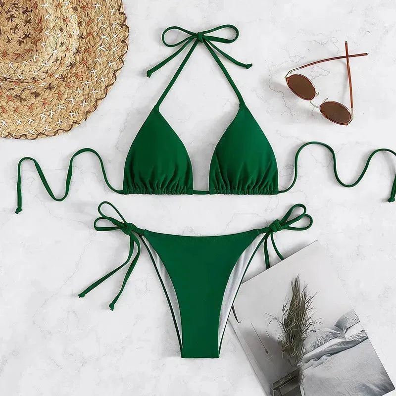 Pure Color Tied Halter Bikini Swimsuit - EX-STOCK CANADA