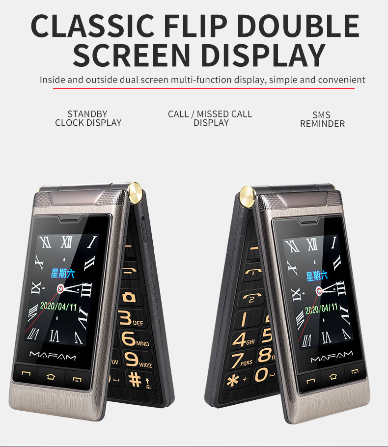 Two MAFAM flip phones with dual screen display on a white background