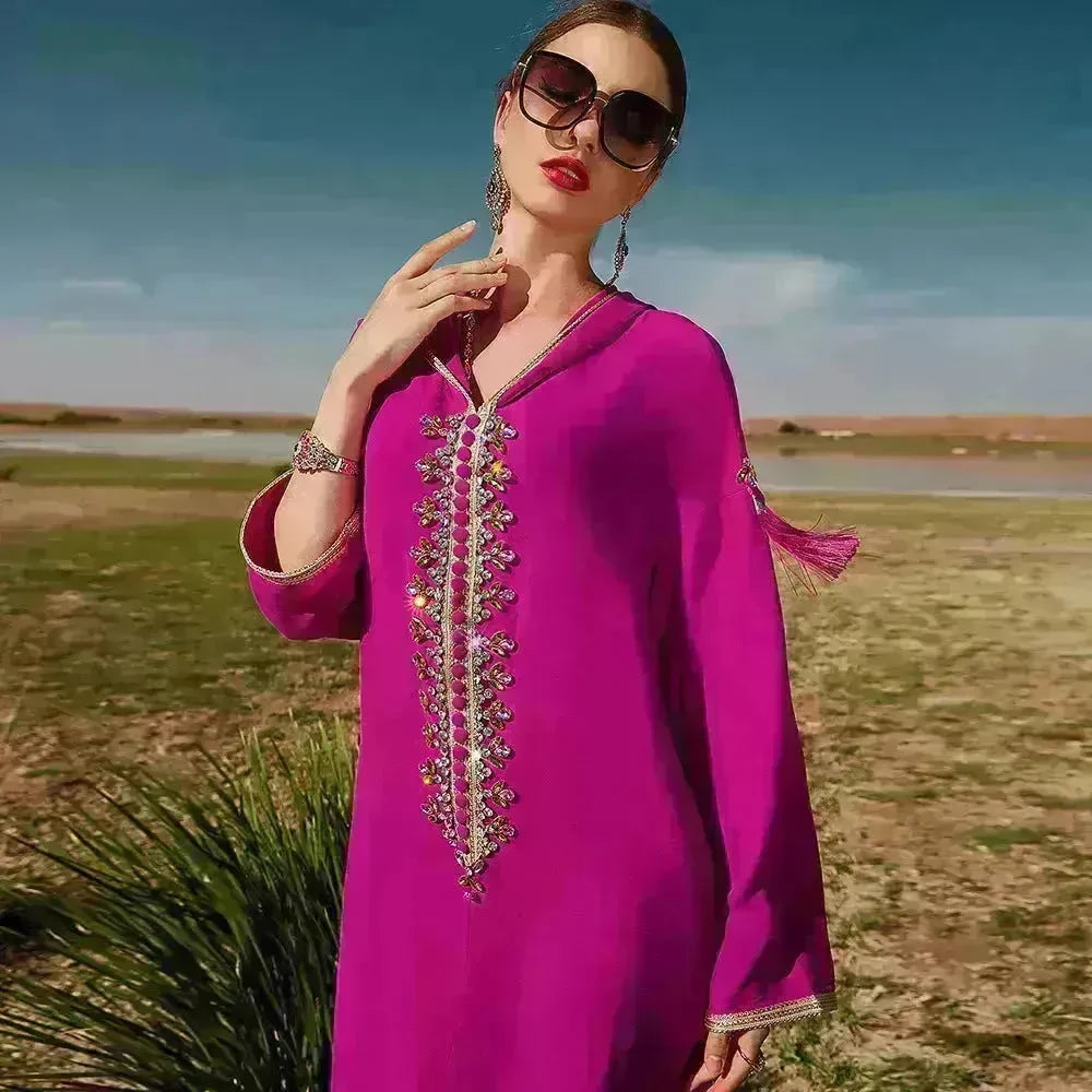 Women's Luxury Rose Red Hooded Middle East Moroccan Dubai Style Dress Fancy Embellish Summer Turkish dress - EX-STOCK CANADA