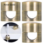 Brass-colored door stoppers with 'Shiny Black' label and close-up of a white cable and brass stopper.
