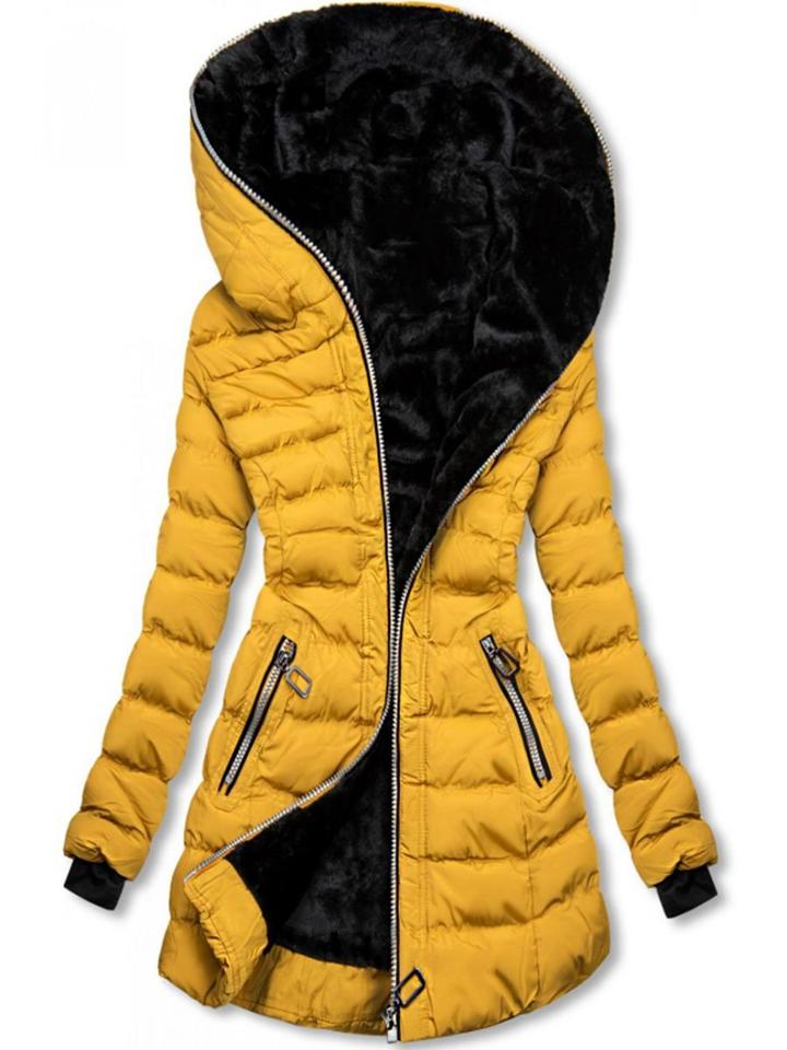 Yellow puffer jacket with black hood on a white background
