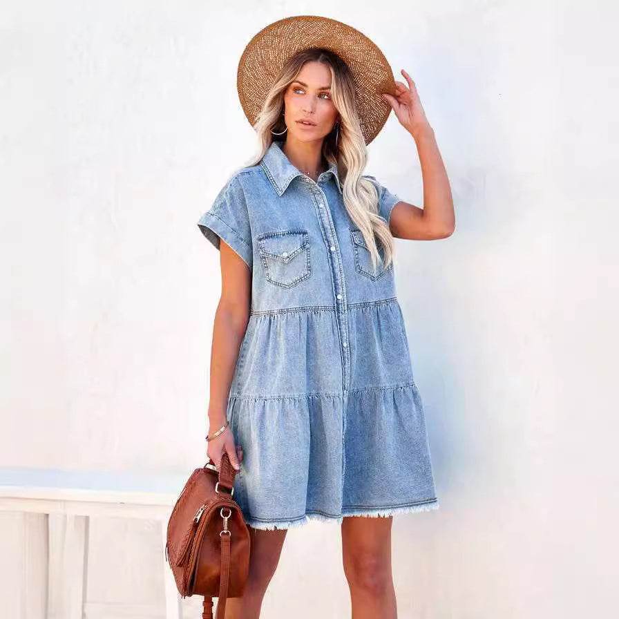 Casual Fashion Denim Short Sleeve loose mini Dress - EX-STOCK Canada