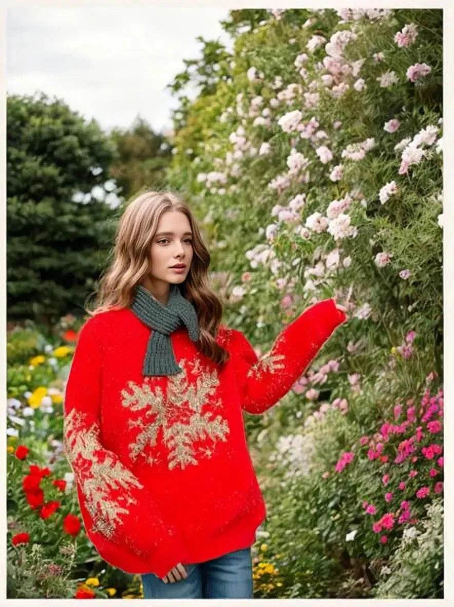 Christmas Deer Snowflakes Knit Sweater Pullover Round Neck Christmas Elk - EX-STOCK Canada