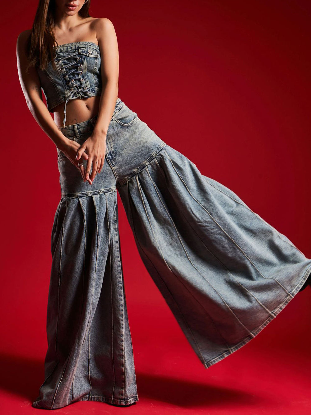 Strapless Denim Lace-Up Corset Crop Top & Balloon Wide-Leg Pants Set – Washed Blue Denim | Sizes S–2XL