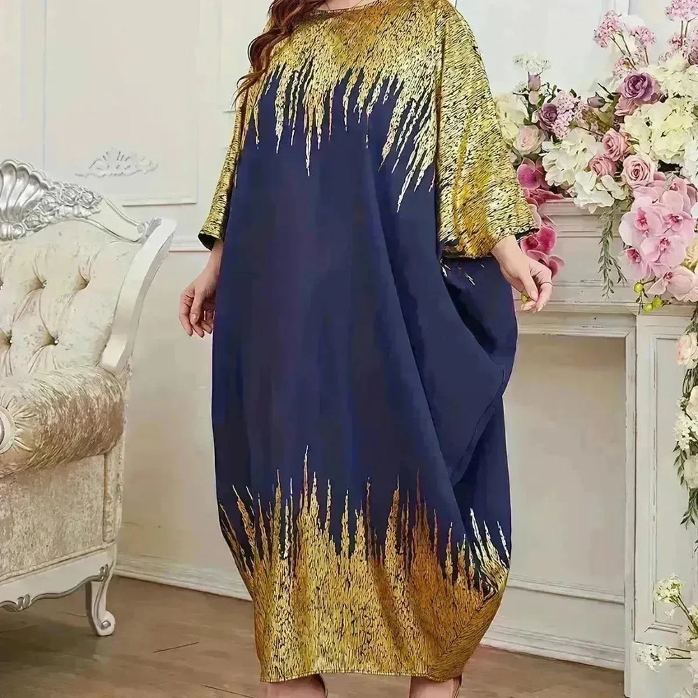 Fashion Embellish Fancy Abaya Middle East Print Color Contrast Patchwork Bat Sleeve Width Loose Summer Long Sleeve Dress - EX-STOCK CANADA