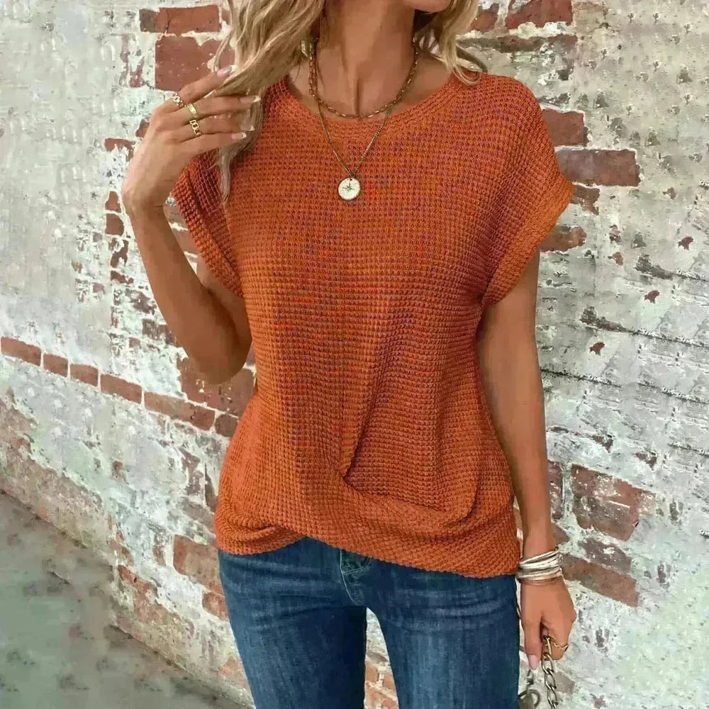 Casual Summer Short-sleeved Waffle blouse Top Summer New Solid Color Casual Evening Top For Women - EX-STOCK CANADA