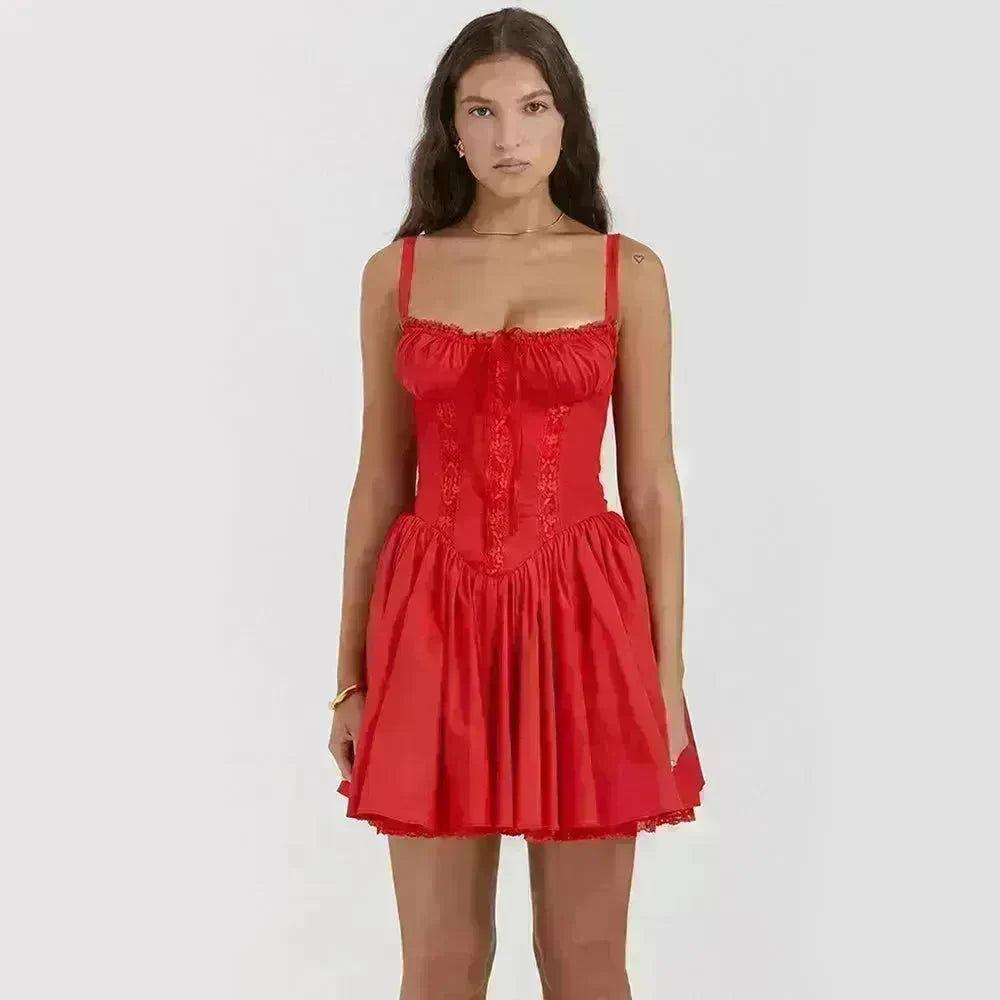 Elegant Chic Women Suspender Mini Skater Dress Summer Fashion Lace-up Slim Waist Pleated Short Dresses For Evening Party Cocktail Occasions - EX-STOCK CANADA