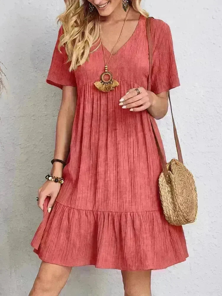 Summer Beach  V-neck Dresses Women's Loose Casual Short-sleeved Loose Skater Dress for Chic Ladies - EX-STOCK CANADA