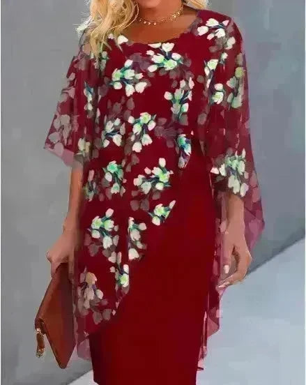 Printed  Floral Chiffon Fashion Straight Cut Modest  Dress - EX-STOCK CANADA