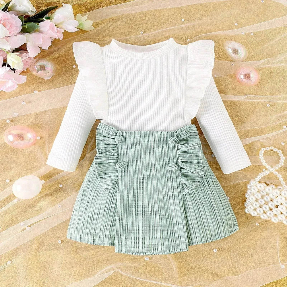 Newborn baby girl Cross-border Sunken Stripe Long Sleeve Classic Style Plaid Short Skirt Two-piece Set for baby girl - EX-STOCK Canada