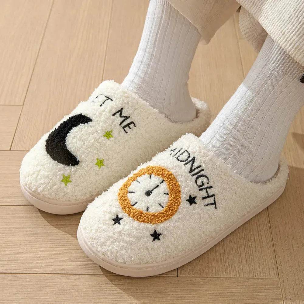 Fashion Moon And Clock Print Home Slippers Winter Warm Floor Bedroom House Shoes For Women - EX-STOCK Canada