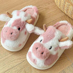 Cute Cartoon Cow Plush Slippers Winter Warm Indoor Bedroom Floor Fuzzy Slipper Couple Non-slip House Shoes - EX-STOCK Canada