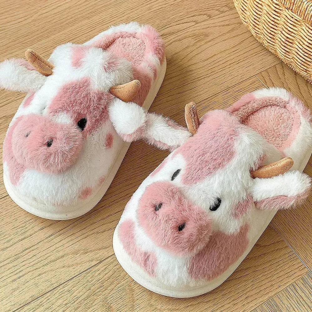 Cute Cartoon Cow Plush Slippers Winter Warm Indoor Bedroom Floor Fuzzy Slipper Couple Non-slip House Shoes - EX-STOCK Canada