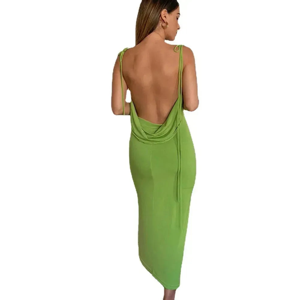 Cryptographic Elegant Spaghetti Strap Sexy Backless Draped Maxi Dress for Women Sleeveless Night Club Party Long Dresses Summer - EX-STOCK CANADA