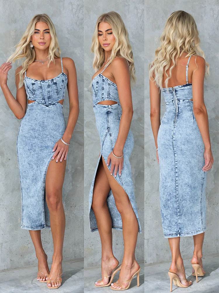 Women's Fashion Personalized Sleeveless Sling Denim Split Midi fitted Dress - EX-STOCK Canada