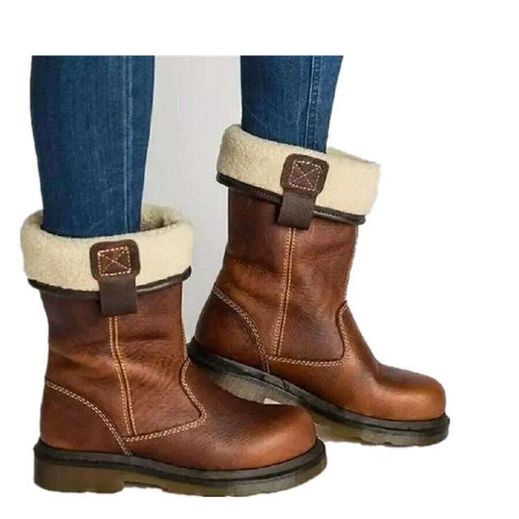 Women's Sherpa-Lined Flat Mid Boots – Warm Winter Boots in Black, Brown, Red & Grey (Sizes 35–43)