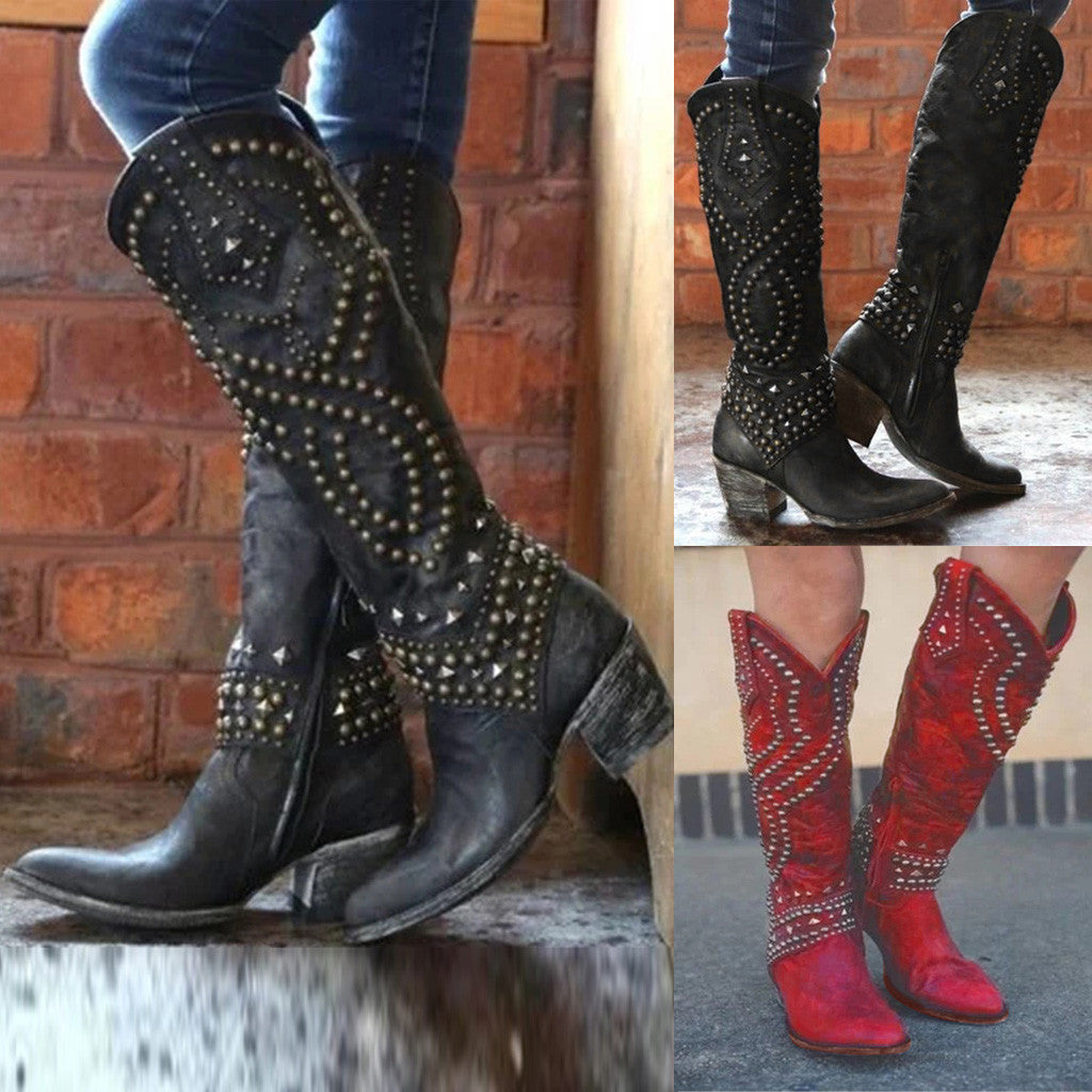Women's Rivet Studded Knee-High Cowboy Boots | Chunky Block Heel | Sizes 35–43