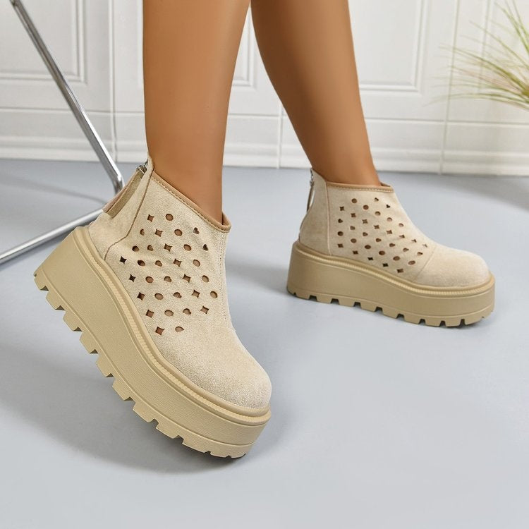Women's Perforated Platform Ankle Boots, Back Zipper Breathable Wedge Booties, Casual Chunky Sole Cutout Boots 