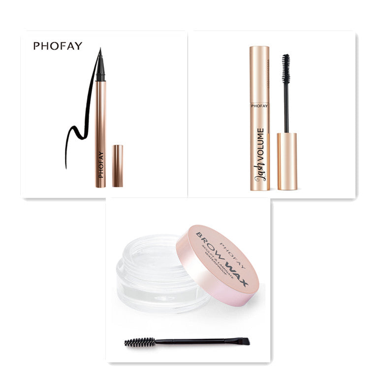Set of PHOFAY makeup products including a eyeliner, mascara, and brow wax on a white background.