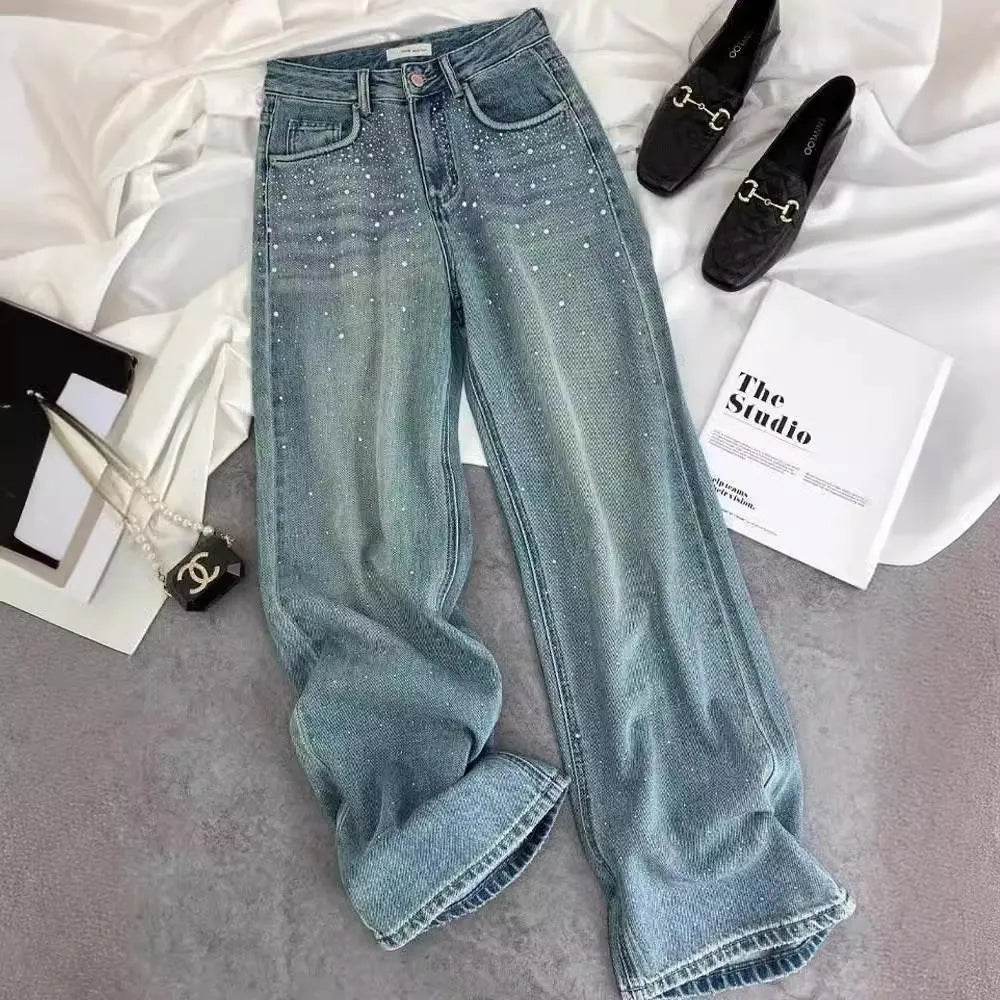 Starry Diamond In The Debris Rhinestone Straight Baggy Jeans Pant For Women - EX-STOCK Canada