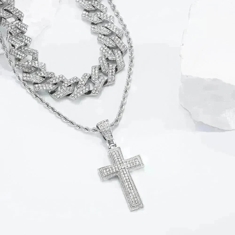 Full Diamond Cross Pendant Cuban Link Chain - EX-STOCK CANADA