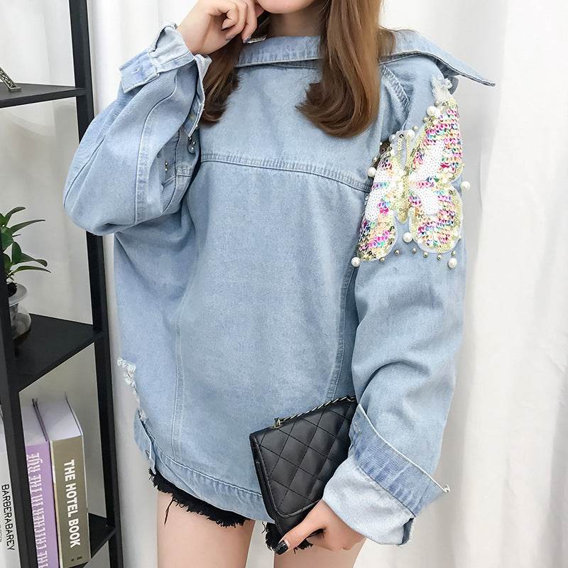 All-match Korean Style Loose Embroidered Denim Jacket Women EX-STOCK Canada 