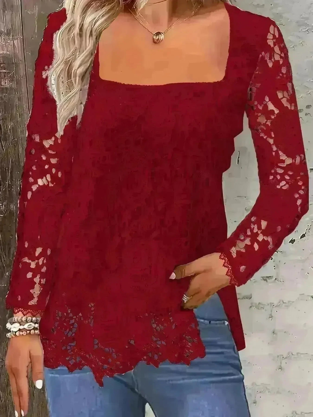 Fashionable Evening Top for Women Square Neck Long Sleeve Lace top Long Top for Women - EX-STOCK CANADA
