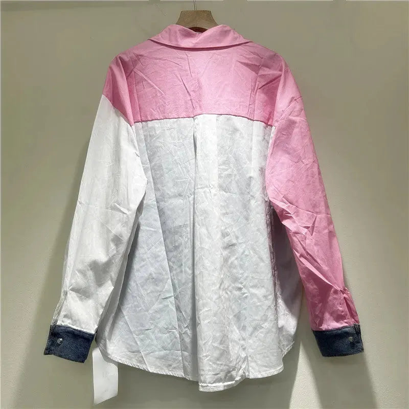 High-grade Contrast Color Patchwork Cotton Denim Long Sleeve Loose Shirt Women - EX-STOCK CANADA