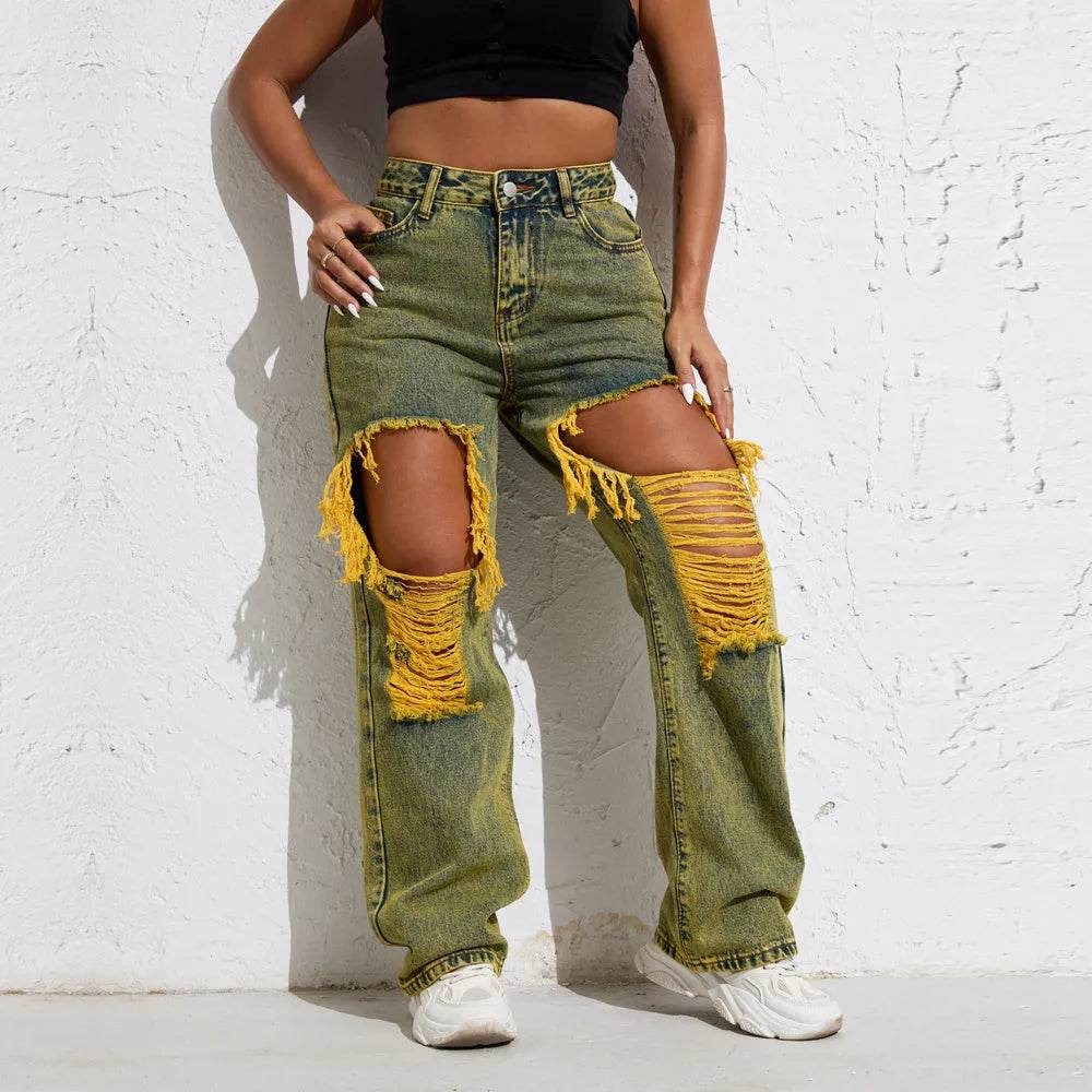 Shascullfites Melody Yellow Wash Streetwear Split Loose Straight Ripped Baggy Jeans Y2K Retro Women Denim Pants - EX-STOCK Canada
