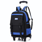 Black and blue rolling backpack on a white background