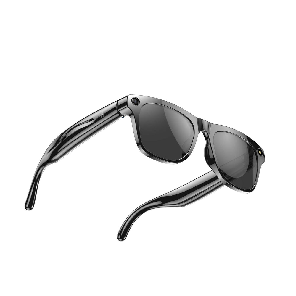 Black sunglasses with reflective lenses on a white background