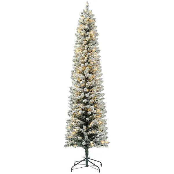 7ft Artificial Prelit Christmas Tree With Warm White LED Light, Snow Flocked Branches, Metal Base, Pencil Xmas Tree EX-STOCK Canada 