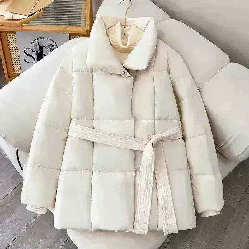 Winter Plaid Sewing Lapel Coat With Lace-up Design Fashion Loose Solid Thick Jacket Outerwear Women's Clothing - EX-STOCK CANADA