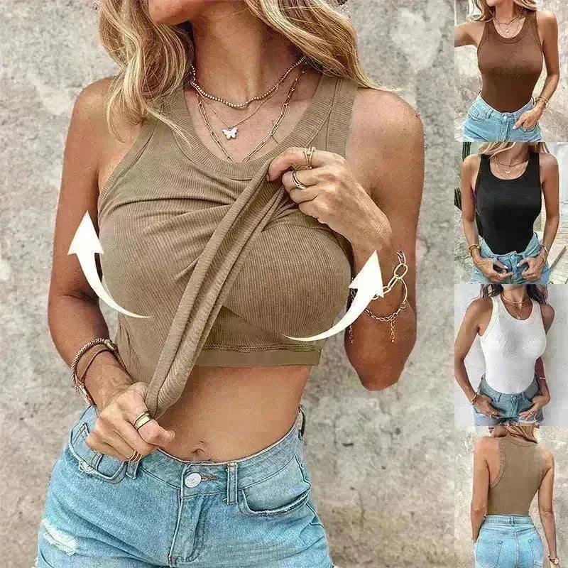 Cotton Round Neck Vest Top Summer Casual Solid Color Bottom Sleeveless Tank Top  For Women - EX-STOCK CANADA
