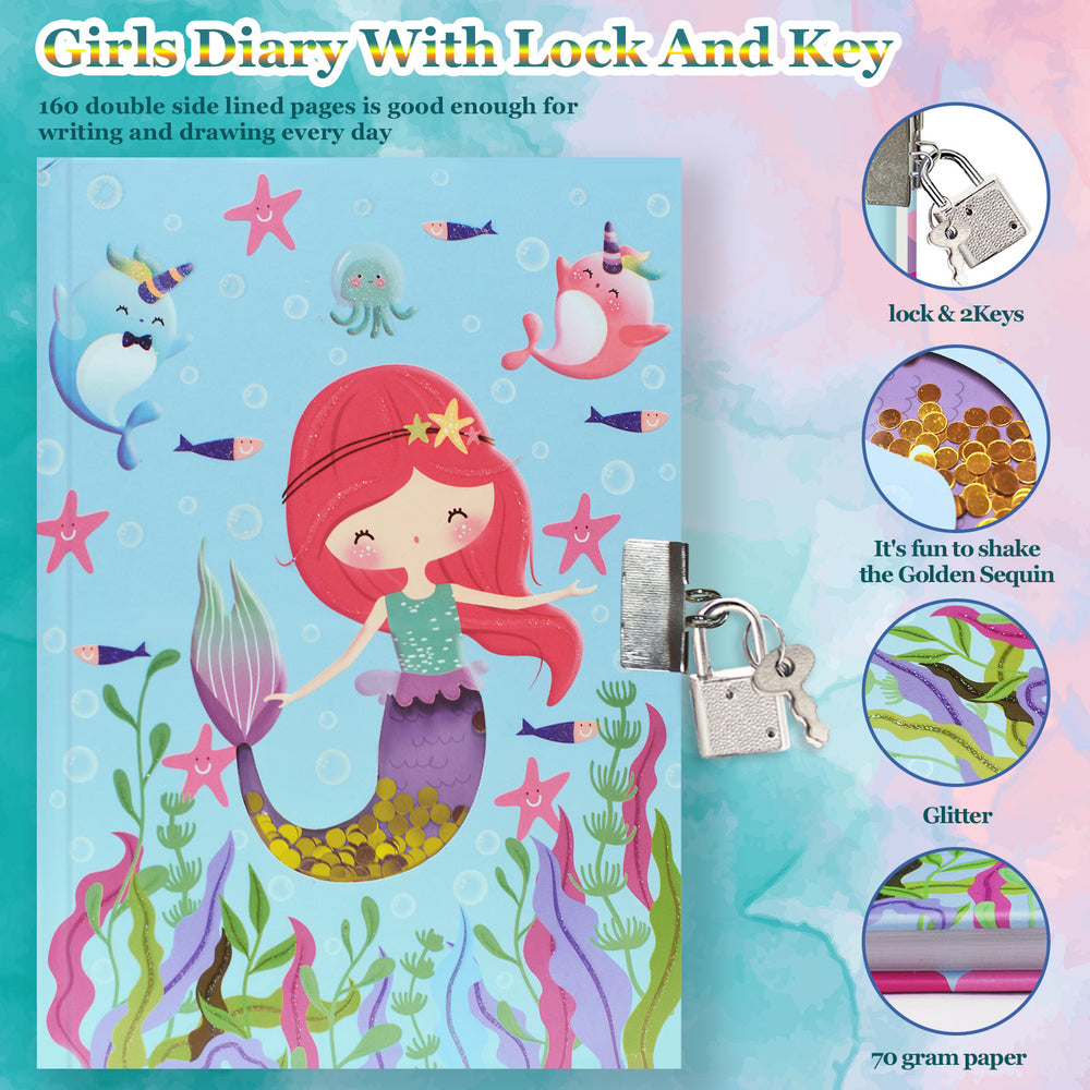 A girls' diary with a mermaid cover design, shown alongside a silver padlock and keys and feature callouts on the right. The cover illustration includes a mermaid, unicorns, jellyfish, and sea plants on a light blue background.