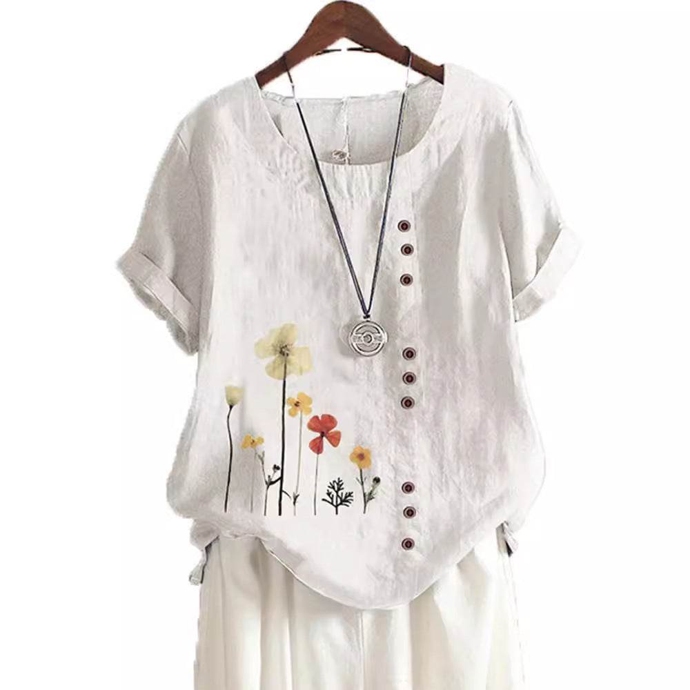 Casual Summer Beach Cotton And Linen Printed Elegant Short Sleeve blouse Top Women - EX-STOCK Canada