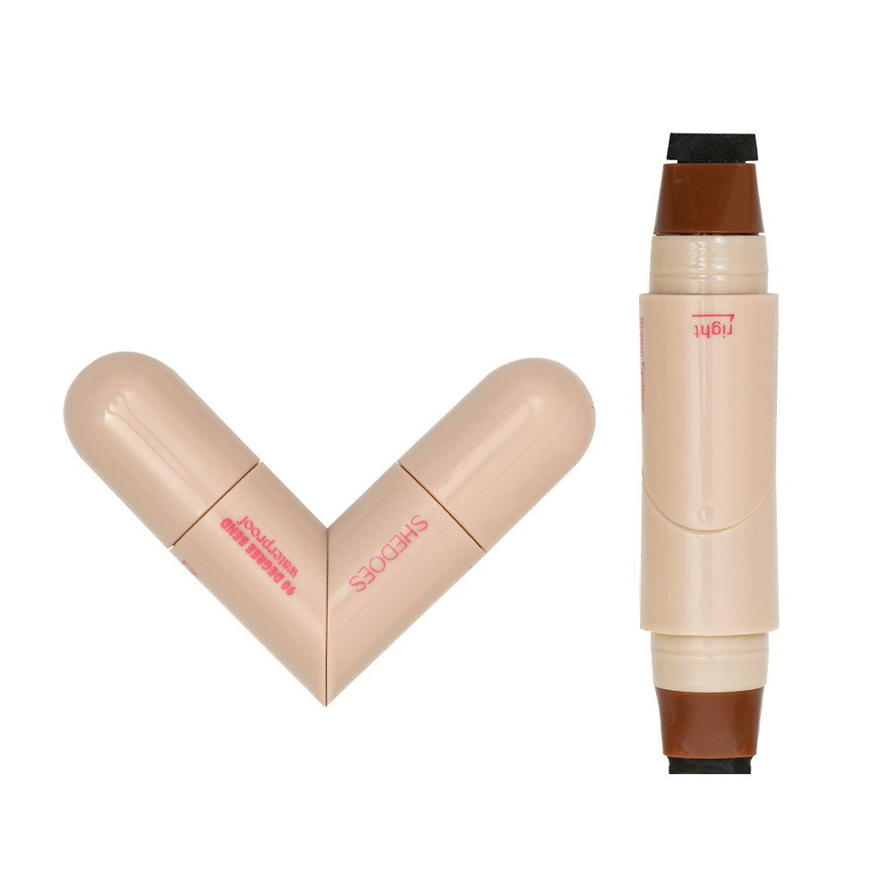 Makeup stick with two ends showing different shades on a white background