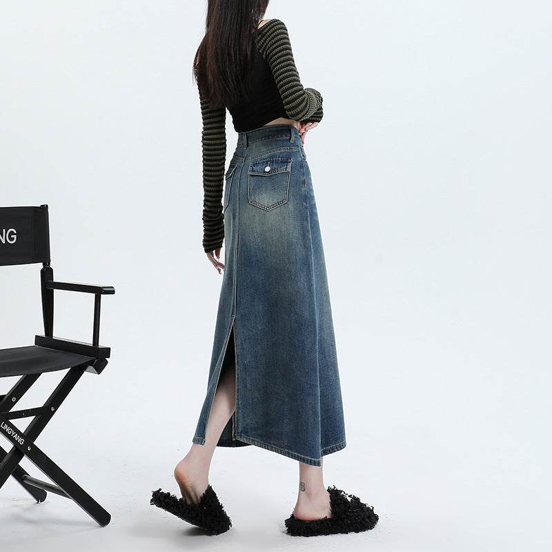 High Waisted Denim Skirt Design Pocket back Slit Retro Hip-wrapped Midi Skirt - EX-STOCK Canada