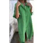 Women Loose Casual Half Sleeve Cotton Linen Buttoned down  Shirt Dress - EX-STOCK CANADA