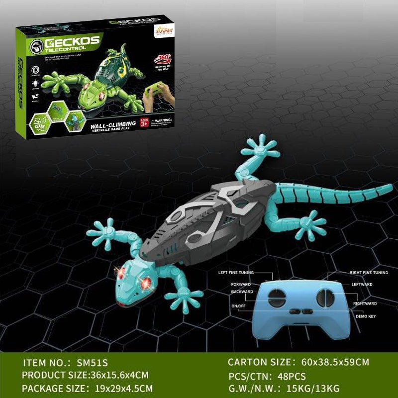 Controlled gecko toy with packaging and remote control on a black grid background