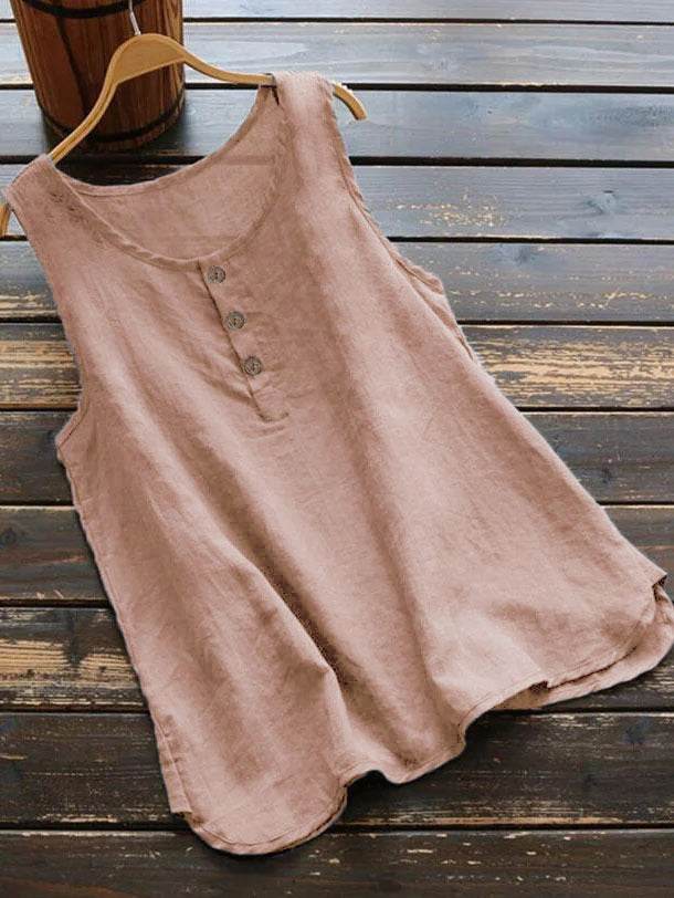 Solid Color Round Neck Loose Casual Vest Cotton Linen summer blouse top for Women - EX-STOCK Canada