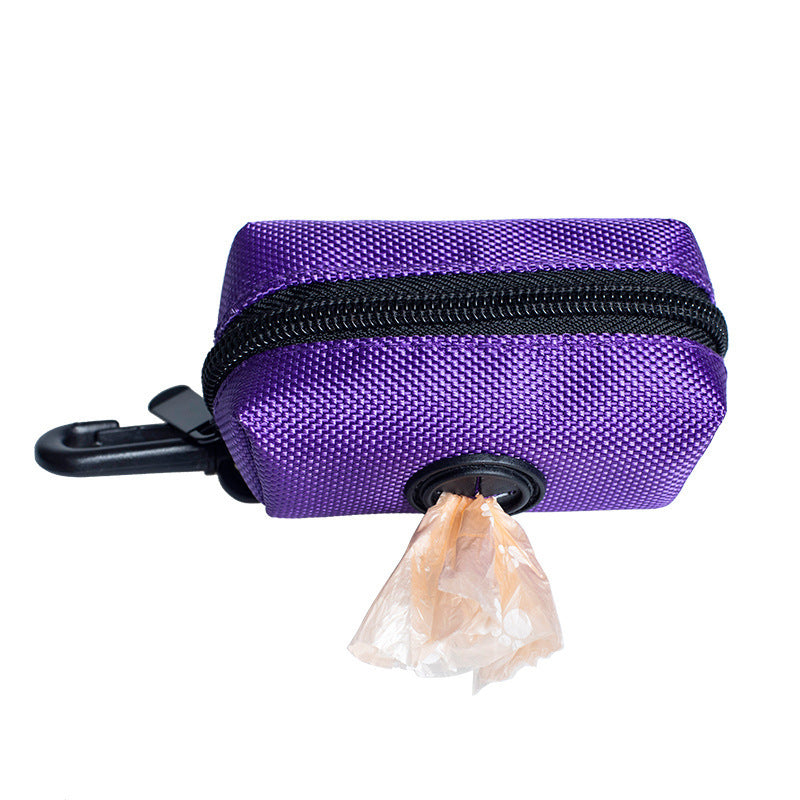 Purple pet waste bag dispenser with black zipper on a white background