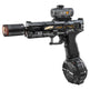 Black and orange laser tag gun with scope on a white background