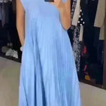 Women Summer Pleated Maxi Dress Casual Short Sleeve Crewneck Flowy Swing Long Dress with Pockets - EX-STOCK CANADA