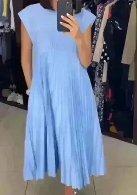 Women Summer Pleated Maxi Dress Casual Short Sleeve Crewneck Flowy Swing Long Dress with Pockets - EX-STOCK CANADA