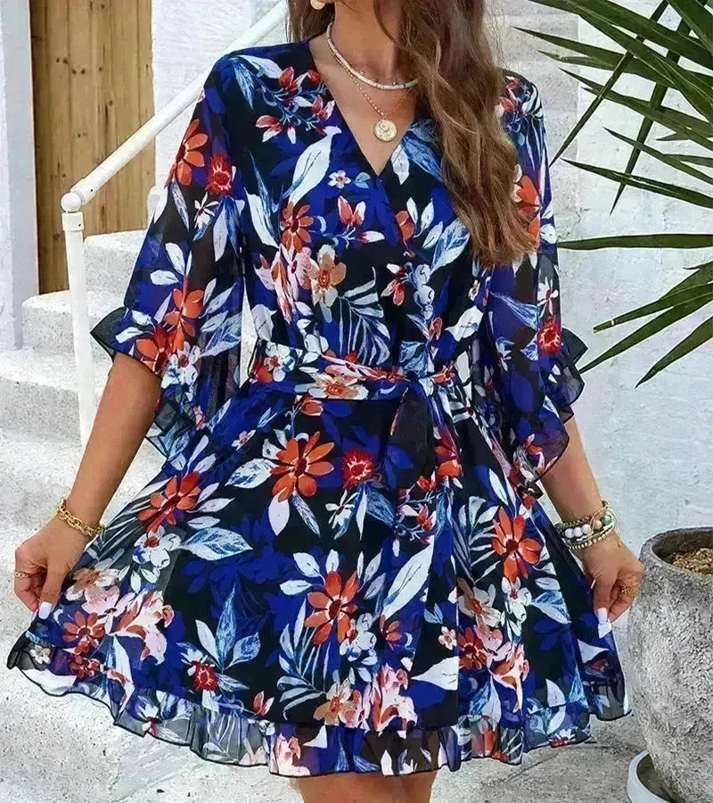 Casual Summer Chiffon Floral Print Short Sleeves Dress Lace Up Ruffles Design Fashion V-neck Short Mini Dresses Womens Clothing - EX-STOCK CANADA