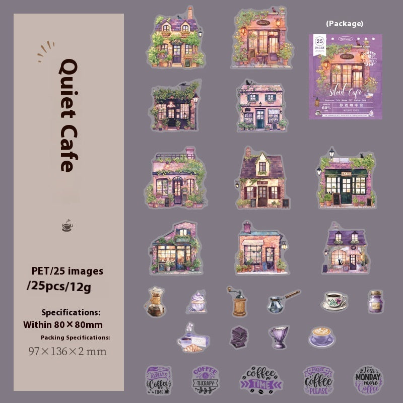 Packaging of 'Quiet Cafe' stickers with illustrated cafe designs on a gray background.