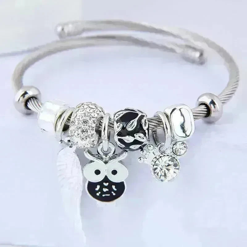 DIY Beaded Owl Angel Wings Pendant Stainless Steel Bracelet - EX-STOCK CANADA