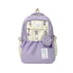 Purple and beige backpack with visible brand logos on a white background
