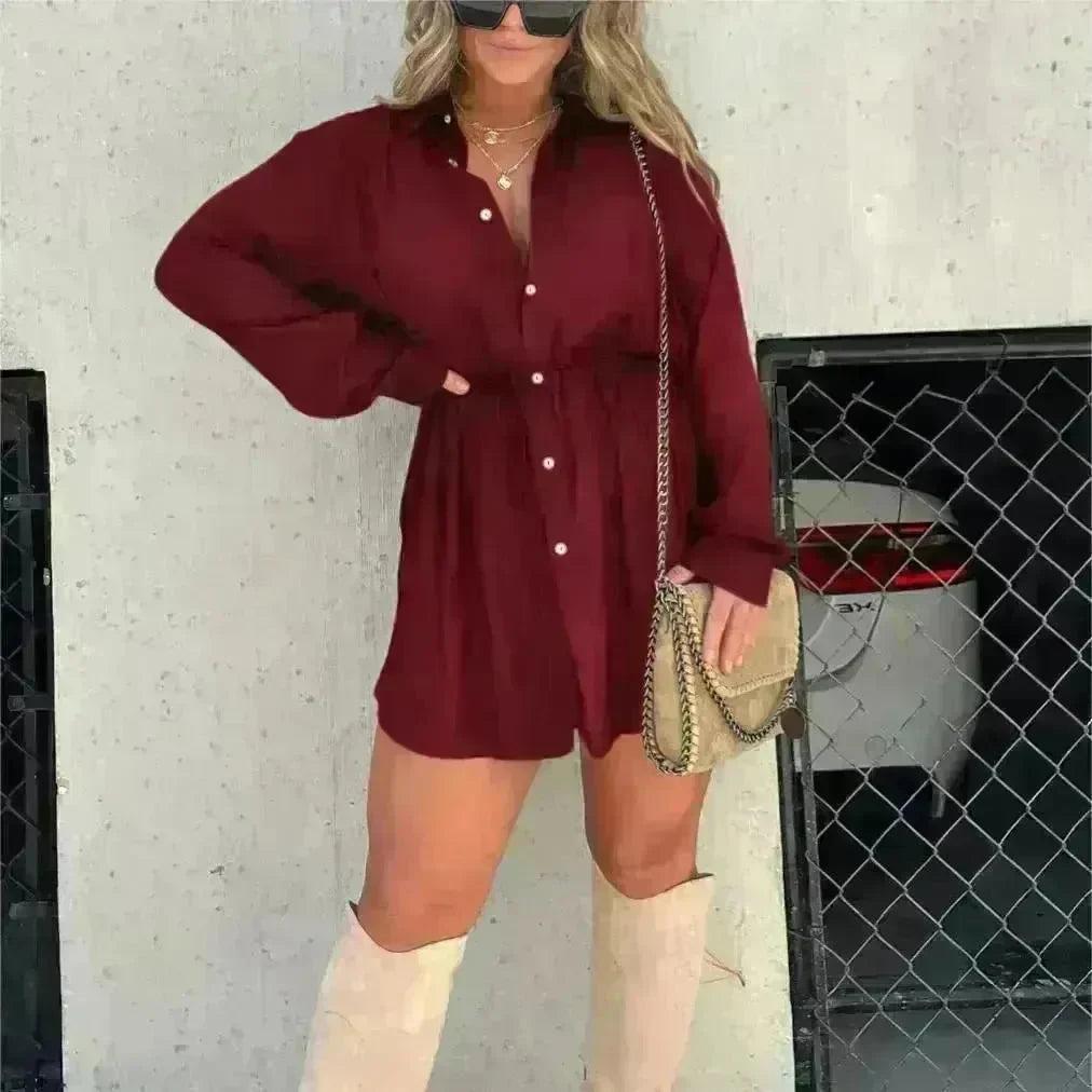 Elegant Women's Long Sleeve  Button down Shirt Dress  Fashionable Short Outfit Set Two piece Suit  Set - EX-STOCK CANADA